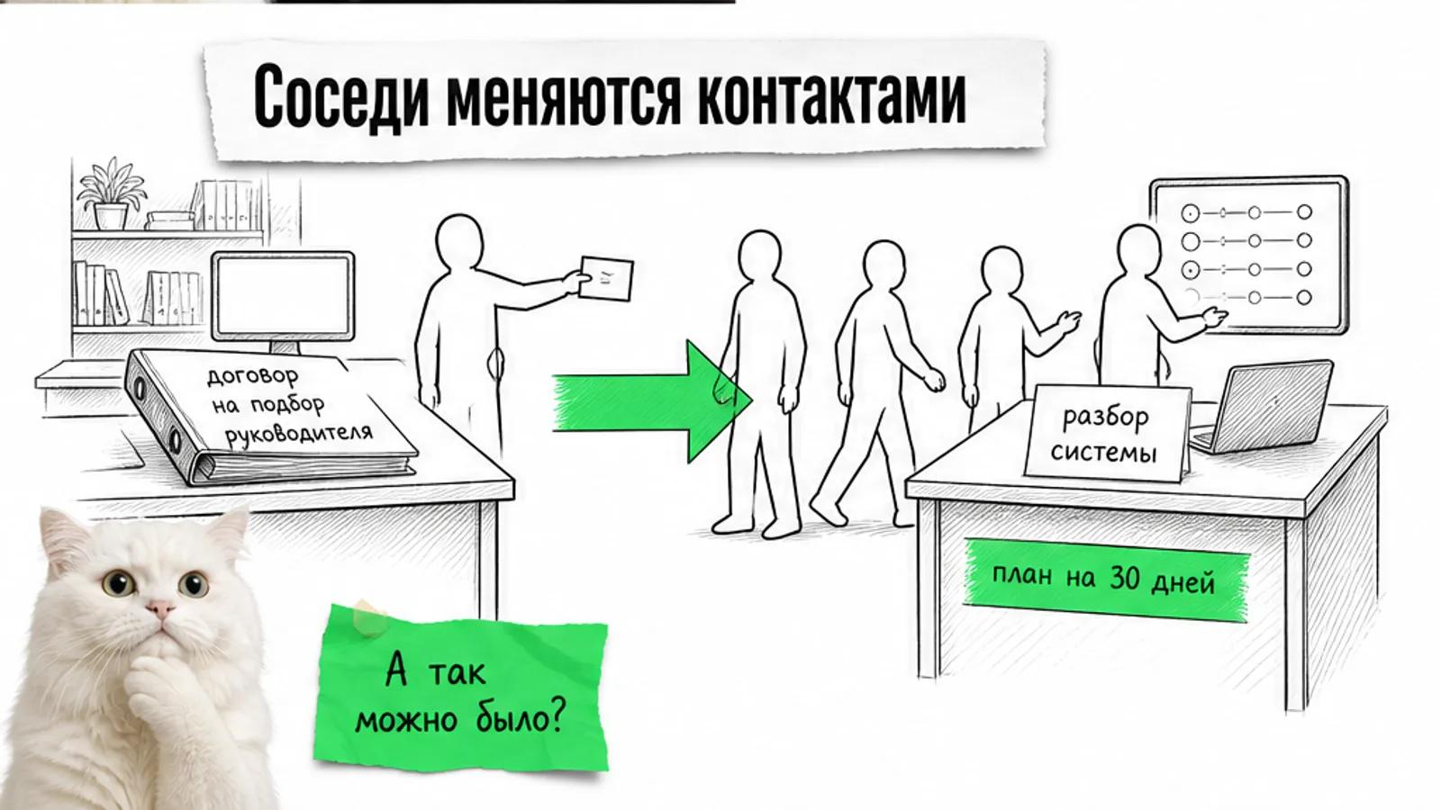 Два соседних офиса обмениваются контактами по ярко-зелёной стрелке, рядом задумчивый кот.