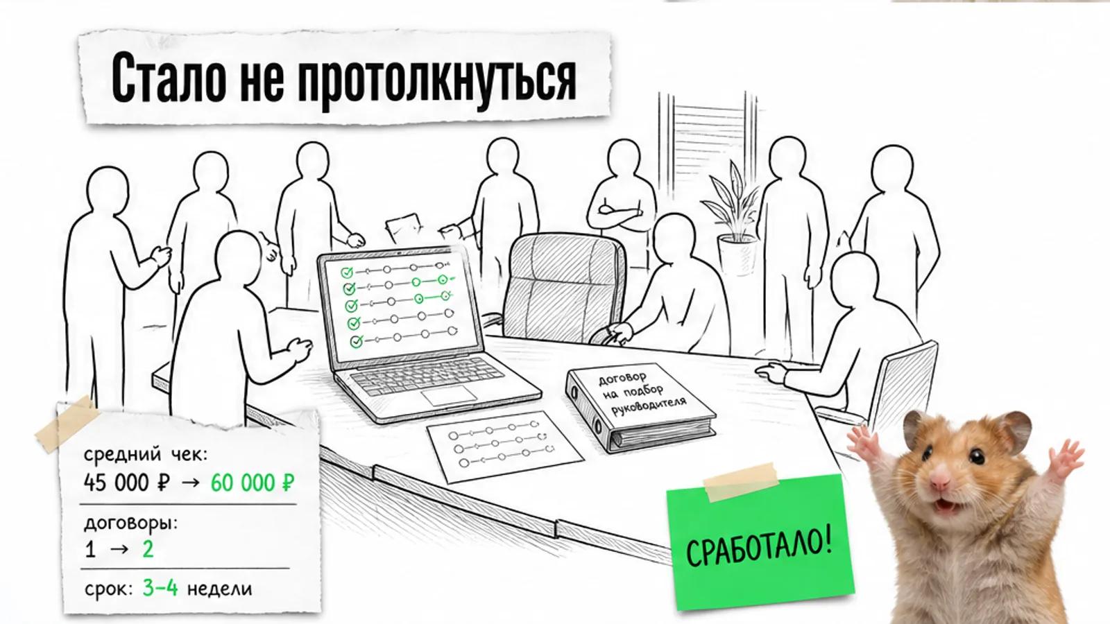 Тот же кабинет заполнен людьми, рядом карточка с ростом чека и торжествующий хомяк.