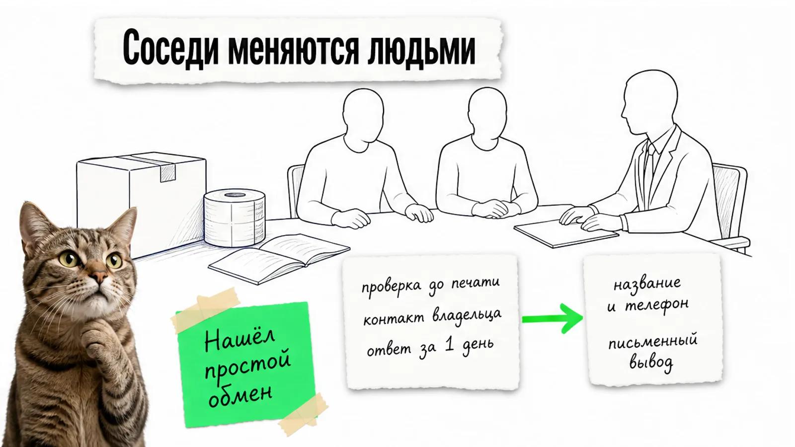 Типография и юрист обмениваются контактами владельца товара, между ними зелёная стрелка.