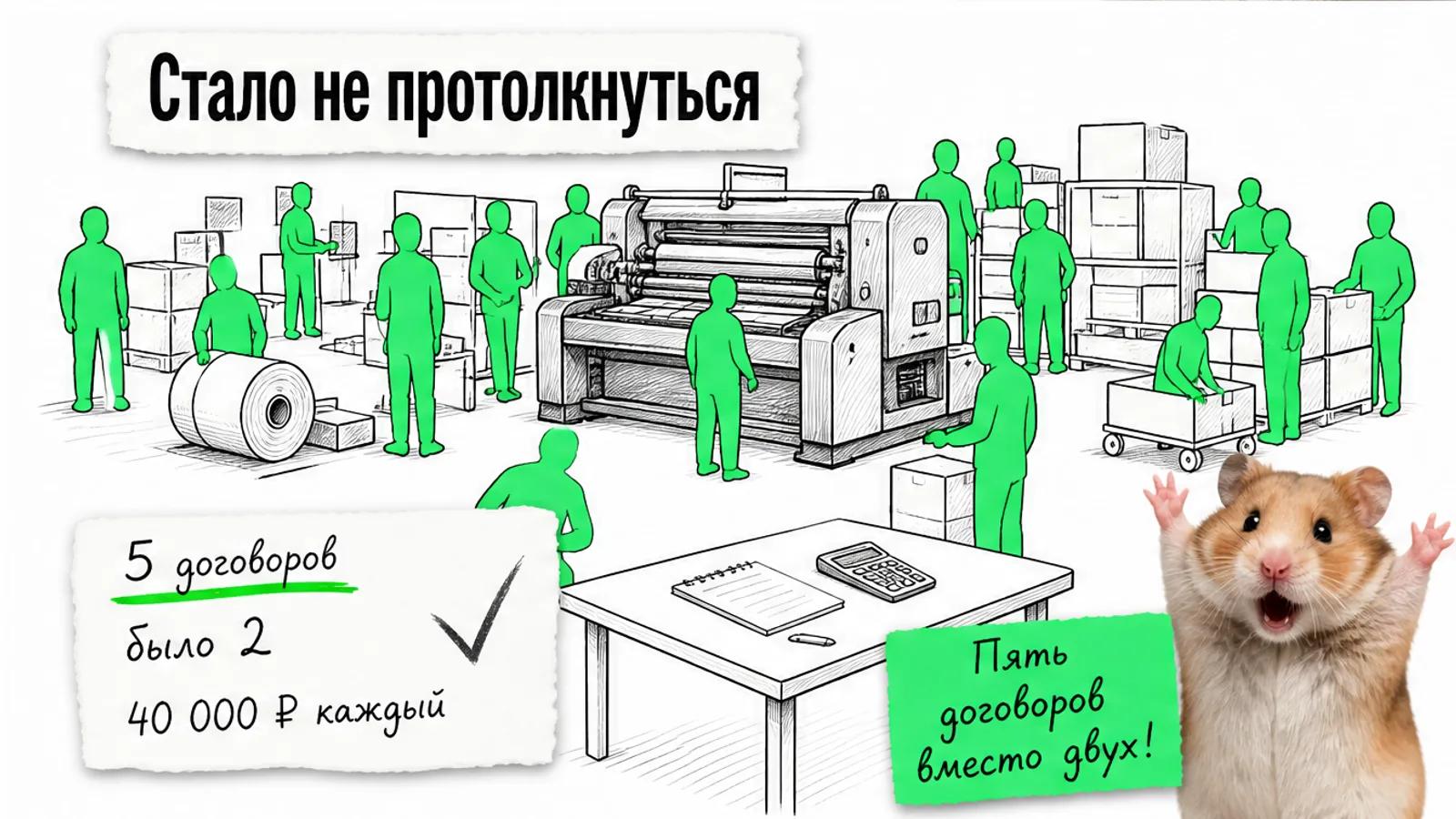 Тот же цех заполнен людьми, рядом карточка с пятью договорами вместо двух и торжествующий хомяк.