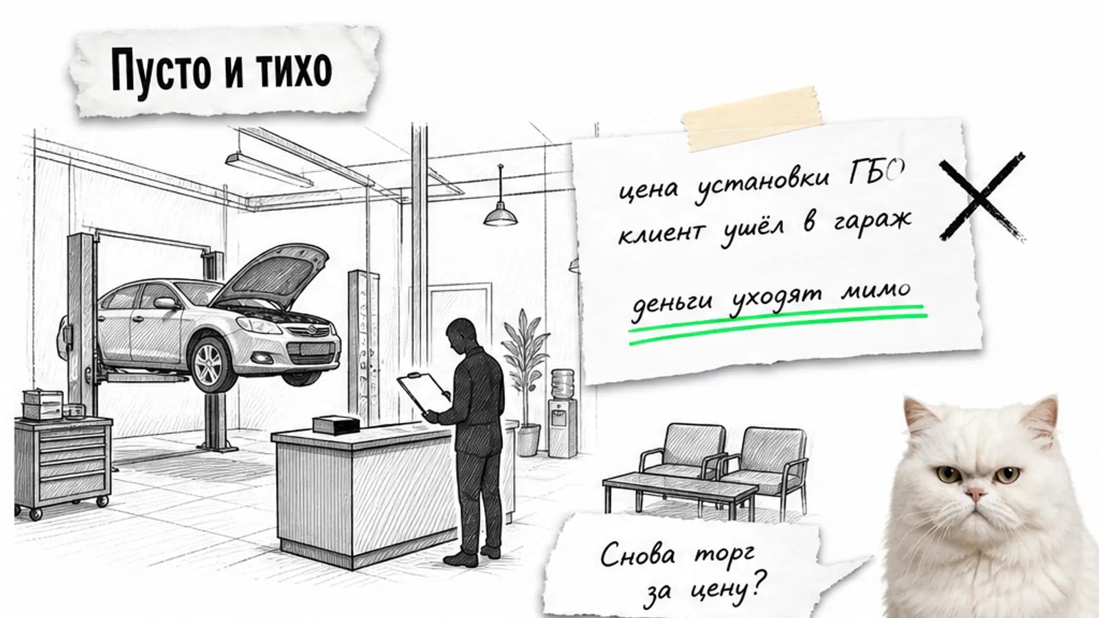 Пустой автосервис с подъёмником, машиной и одним силуэтом менеджера, рядом скептичный кот.
