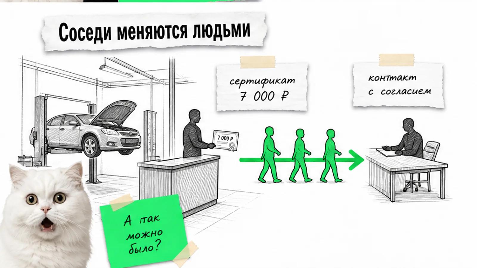 Менеджер соединяет автосервис и юридического партнёра зелёной стрелкой, рядом удивлённый кот.