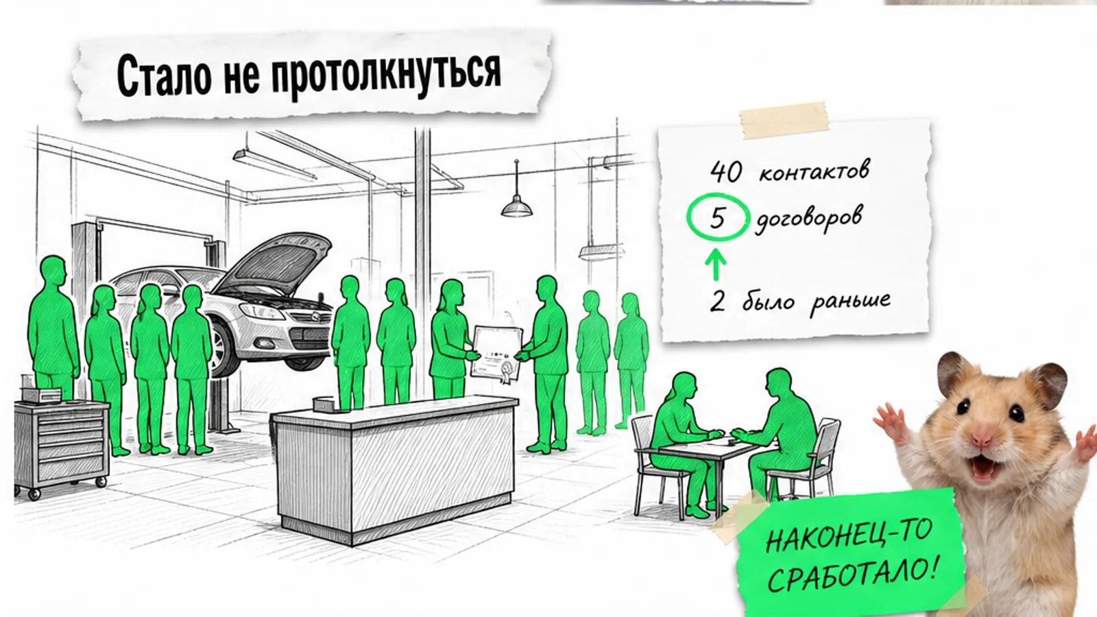 Тот же автосервис заполнен людьми, рядом торжествующий хомяк и числа «40», «5 вместо 2».